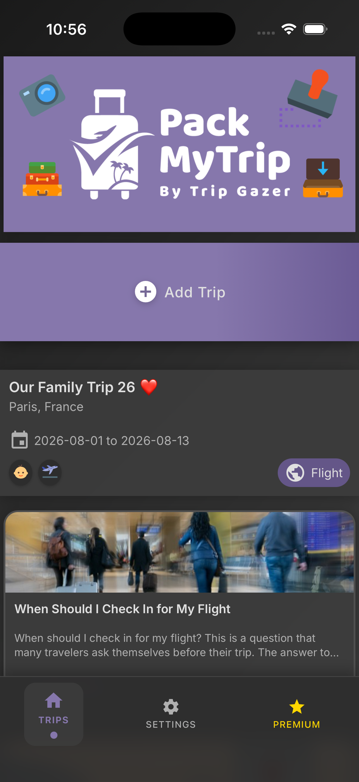 PackMyTrip home screen showing trip list