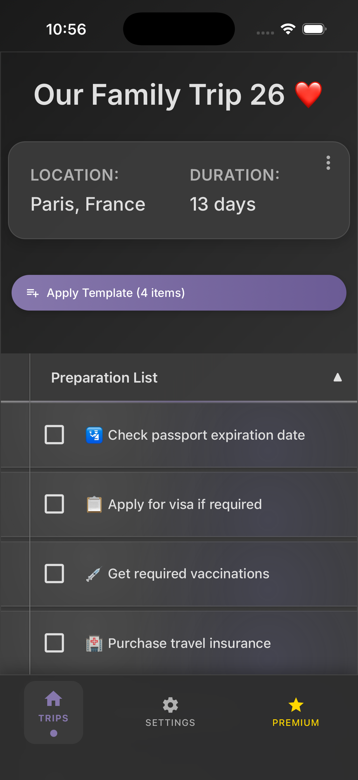 PackMyTrip trip detail with preparation checklist
